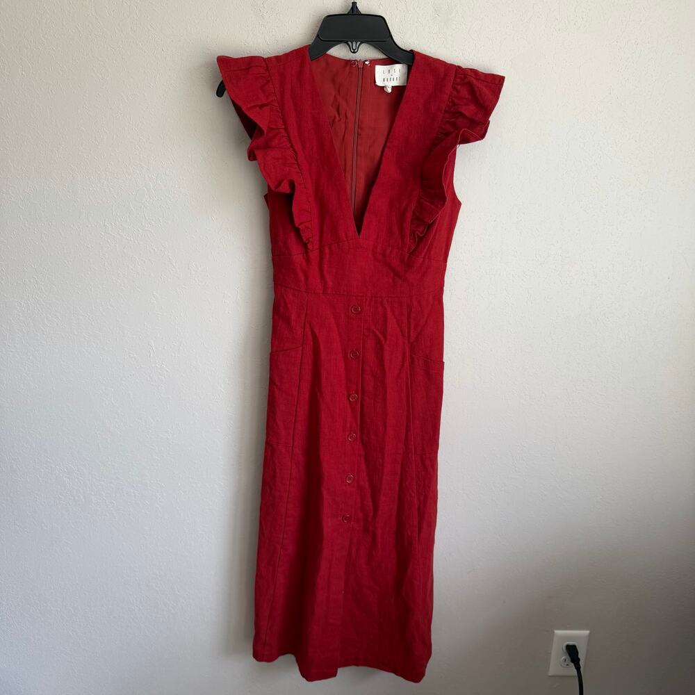Lost + Wander Red Ruffle Sleeve V-Neck Linen Blend Midi Button Up Dress Women XS